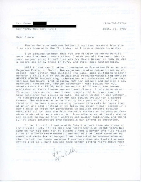 Download the full-sized image of Letter from Rupert Raj to James (September 15, 1988)