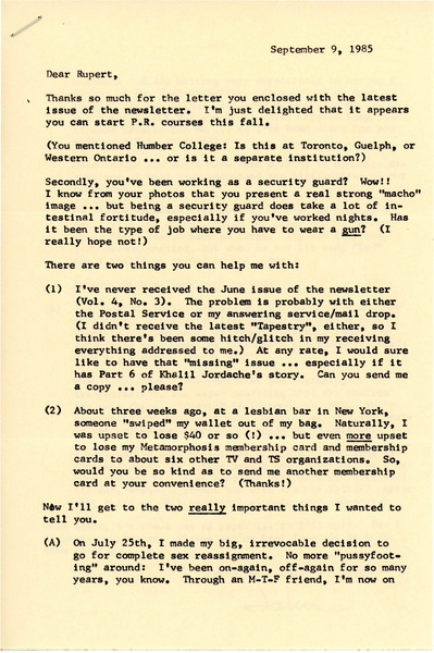 Download the full-sized image of Letter from Jana Thompson to Rupert Raj (September 9, 1985)