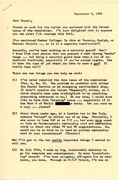 Download the full-sized image of Letter from Jana Thompson to Rupert Raj (September 9, 1985)