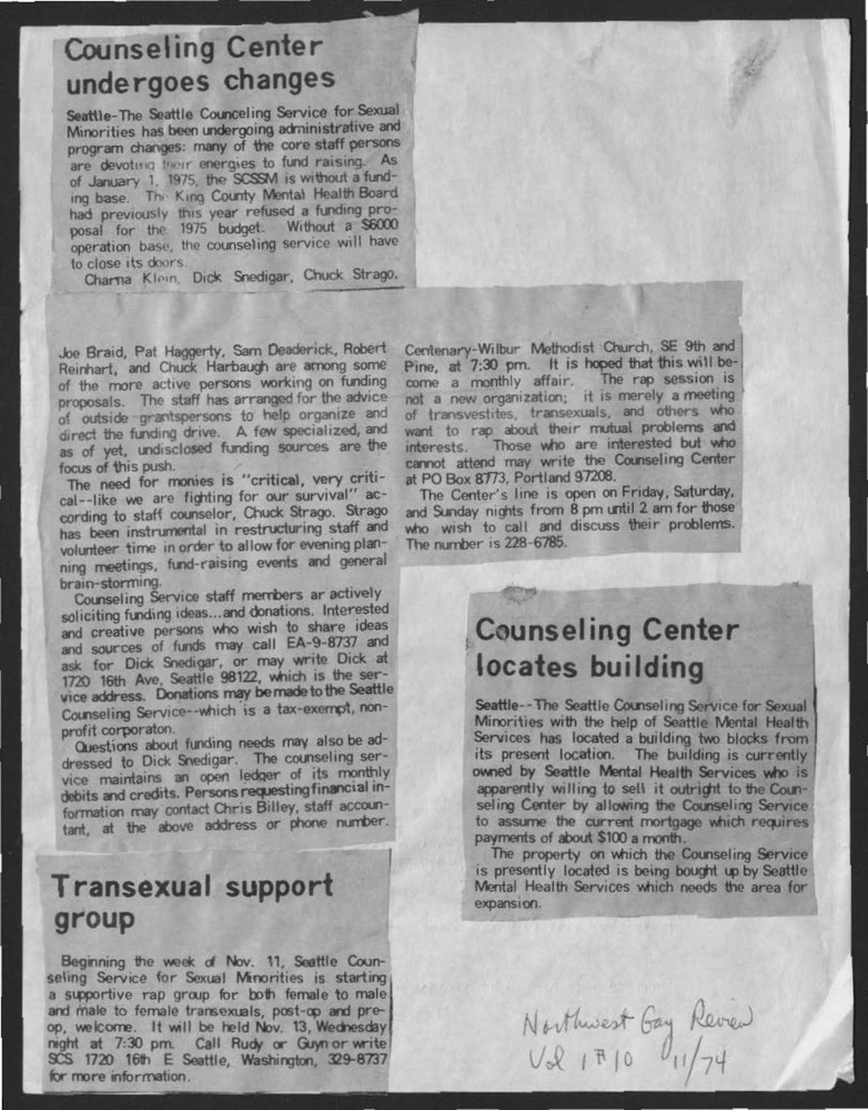 Download the full-sized PDF of Counseling Center undergoes changes/Transexual Support Group/Counseling Center locates building