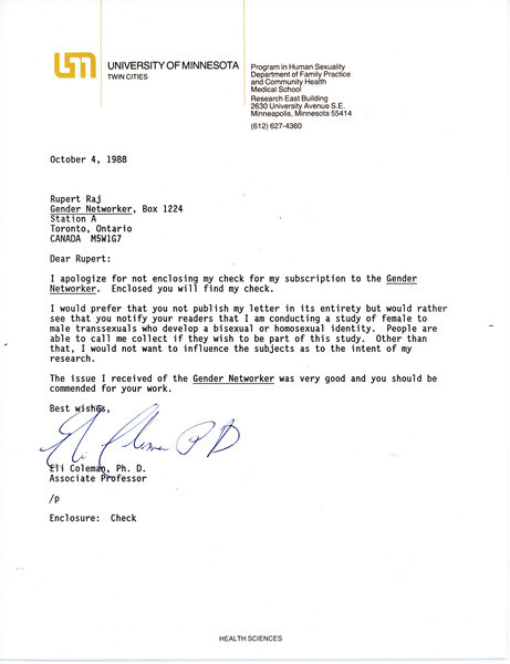 Download the full-sized image of Letter from Eli Coleman to Rupert Raj (1988-1989)