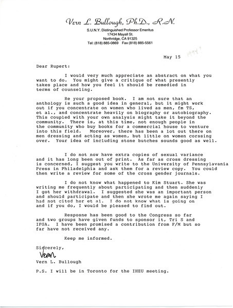 Download the full-sized image of Letters from Vern L. Bullough to Rupert Raj (1994)