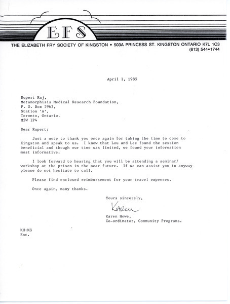 Download the full-sized image of Letter from Karen Howe to Rupert Raj (April 1, 1985)