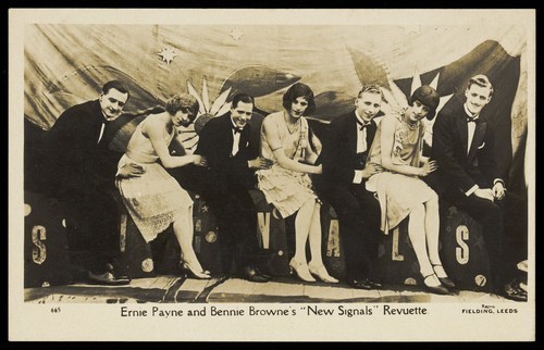 Download the full-sized image of Actors, some in drag, pose for Ernie Payne and Bennie Browne's "New Signals" revuette. Photographic postcard, 192-.