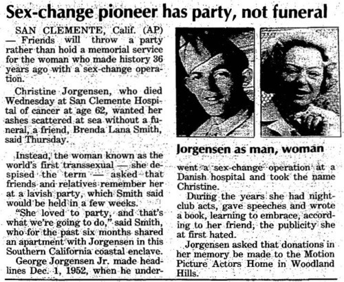Download the full-sized image of Sex-Change Pioneer Has Party, Not Funeral