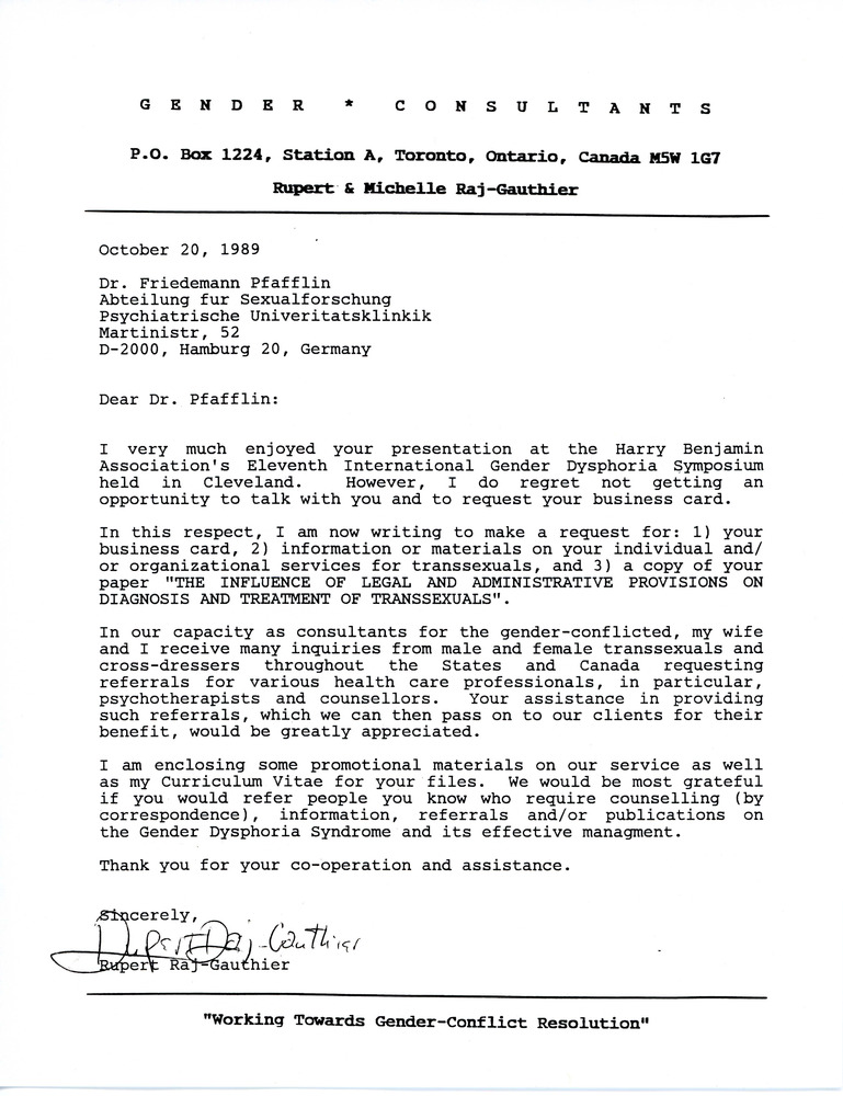 Download the full-sized PDF of Letter from Rupert Raj to Dr. Friedemann Pfafflin (October 20, 1989)