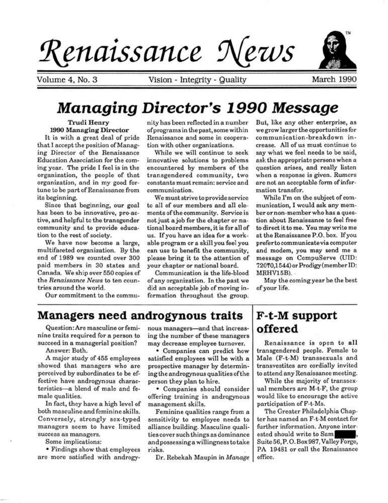 Download the full-sized PDF of Renaissance News, Vol. 4 No. 3 (March 1990)