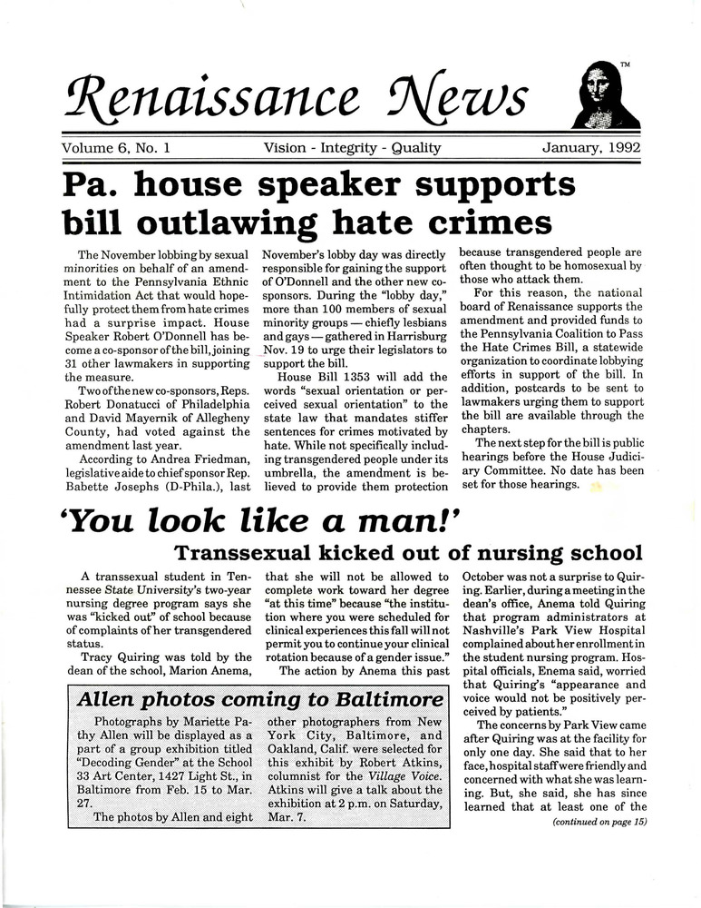 Download the full-sized PDF of Renaissance News. Vol. 6 No. 1 (January 1992)