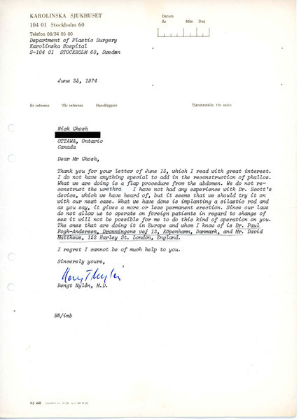 Download the full-sized image of Letter from Bengt Nylen to Rupert Raj (June 25, 1974)