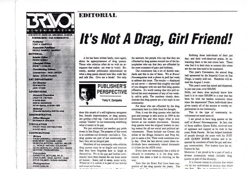 Download the full-sized PDF of Bravo Magazine Editorial Piece, "It's Not A Drag, Girl Friend!"