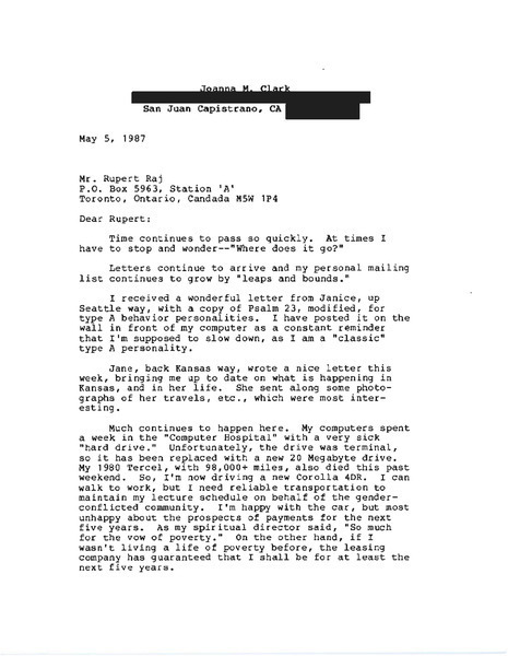 Download the full-sized image of Letter from Joanna M. Clark to Rupert Raj (May 5, 1987)