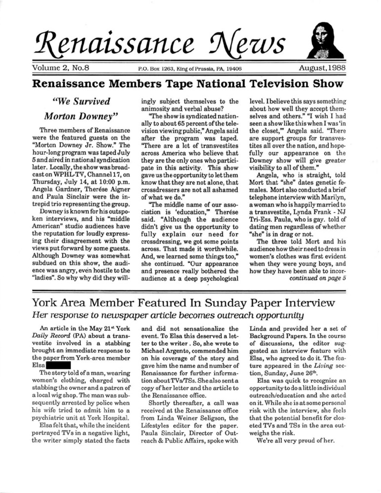 Download the full-sized PDF of Renaissance News, Vol. 2 No. 8 (August 1988)