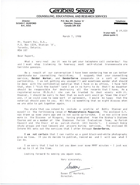 Download the full-sized image of Letter from Susan C. Huxford to Rupert Raj (March 7, 1988)