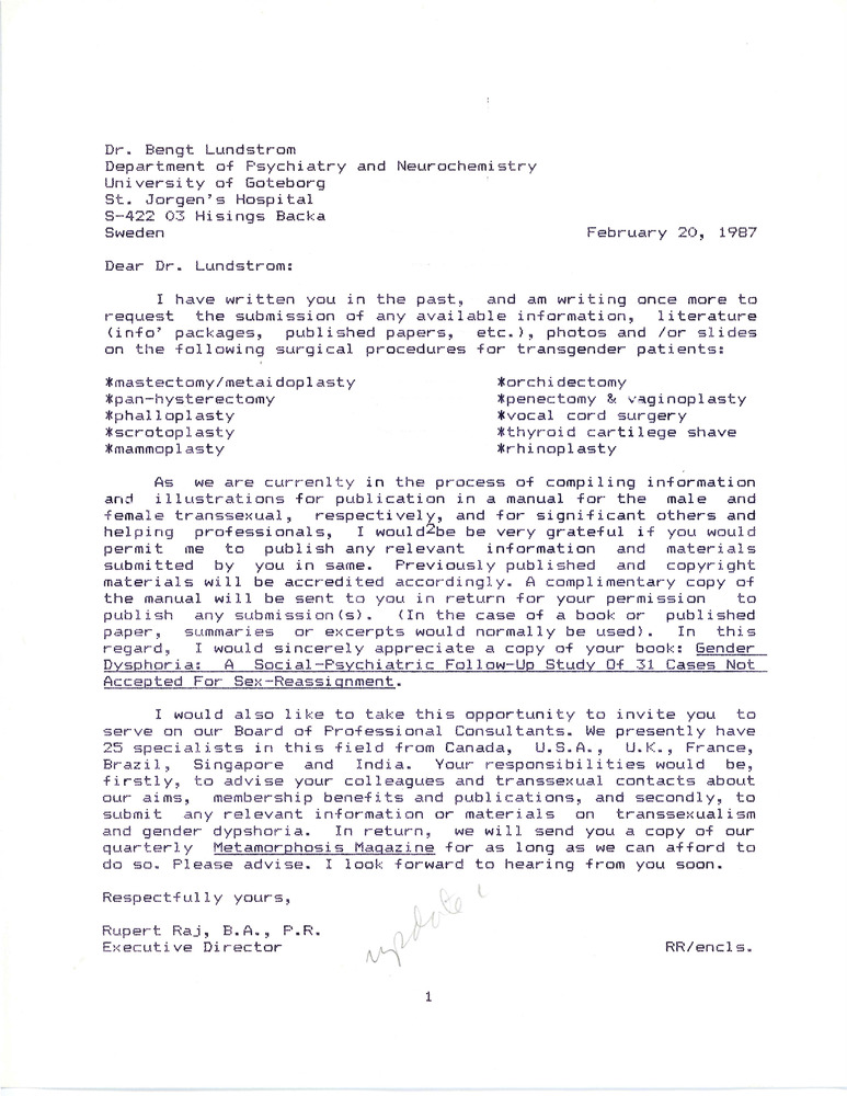 Download the full-sized PDF of Letter from Rupert Raj to Dr. Bengt Lundstrom (February 20, 1987)